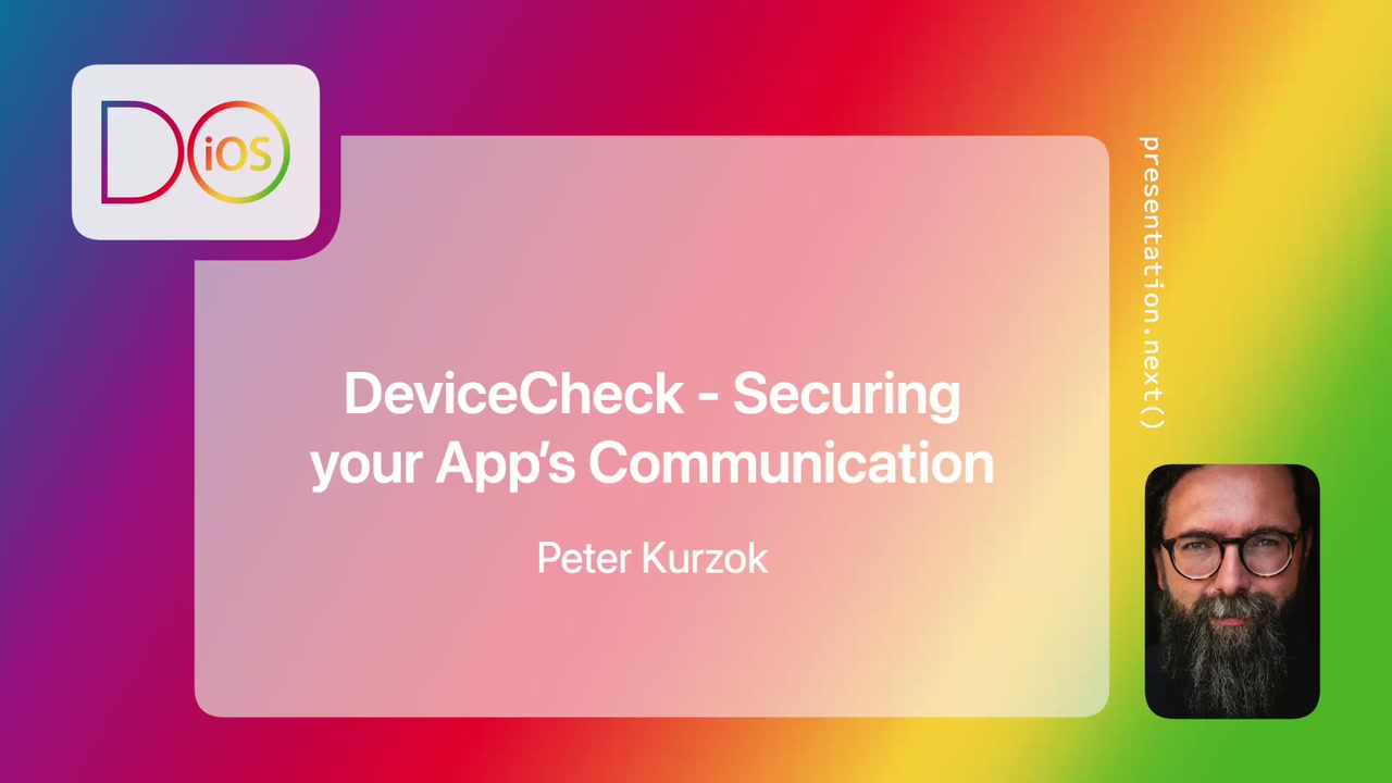 Title slide of the DeviceCheck talk at Do iOS 2025, with Peter Kurzok's name and photo
